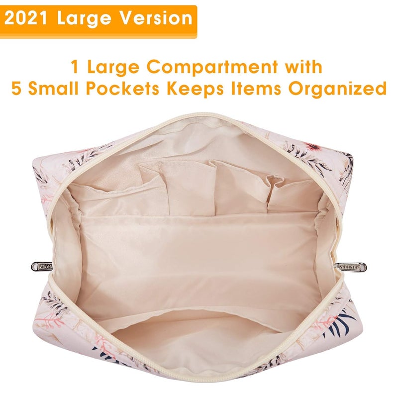 Narwey Cute Makeup Bag Travel Cosmetic Bag Organizer Toiletry Bag Make Up Bags with Compartments for Women Girls (Large, Beige Flamingo) - Image 3